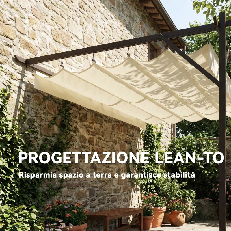 Outsunny Gazebo Pergola Addossata 3x4 m con Tetto Retrattile Scorrevole e Fori di Drenaggio, Bianco Crema