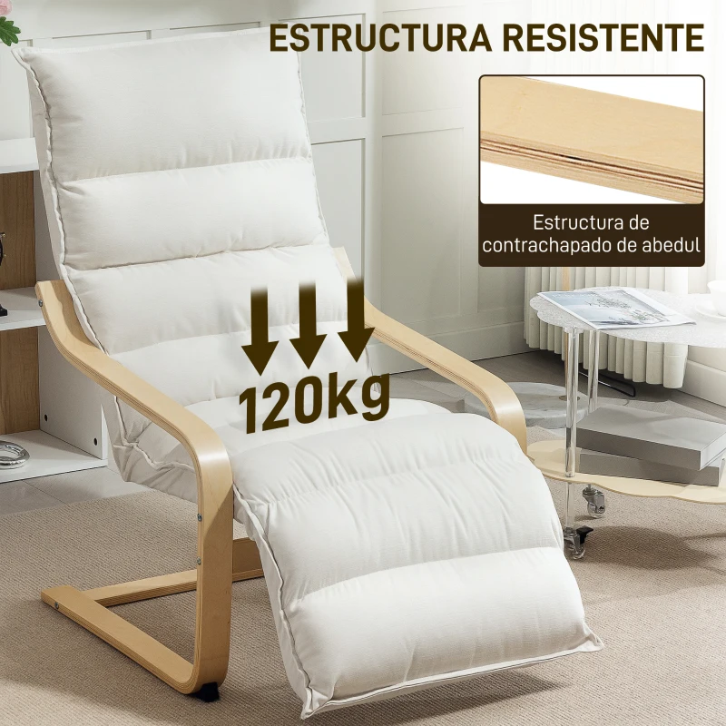 HOMCOM Butaca de Salón con Reposapiés Ajustable Tapizada en Terciopelo con Marco de Madera 67x93x105 cm Crema