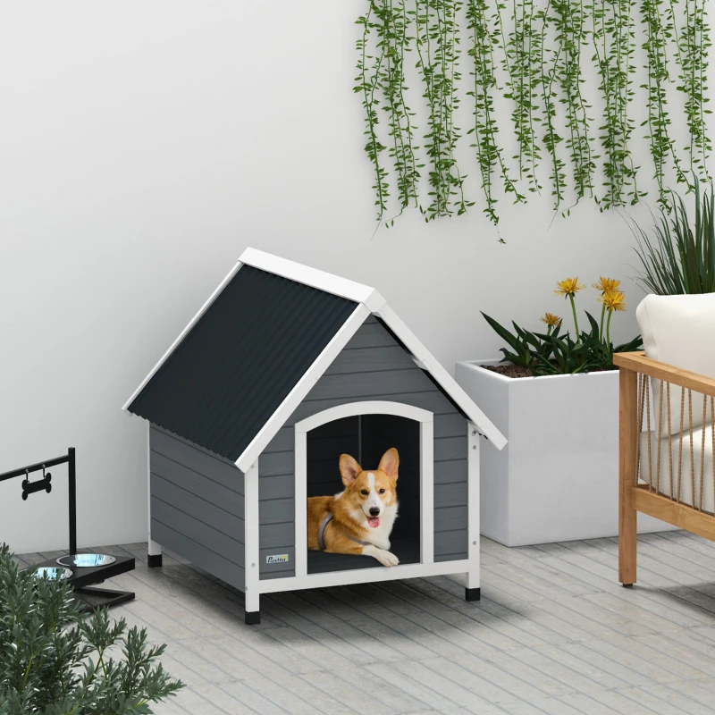 PawHut Niche pour chien extérieure en bois avec plancher amovible abri surélevé en bois pour chiens 84 x 99 x 87 cm gris