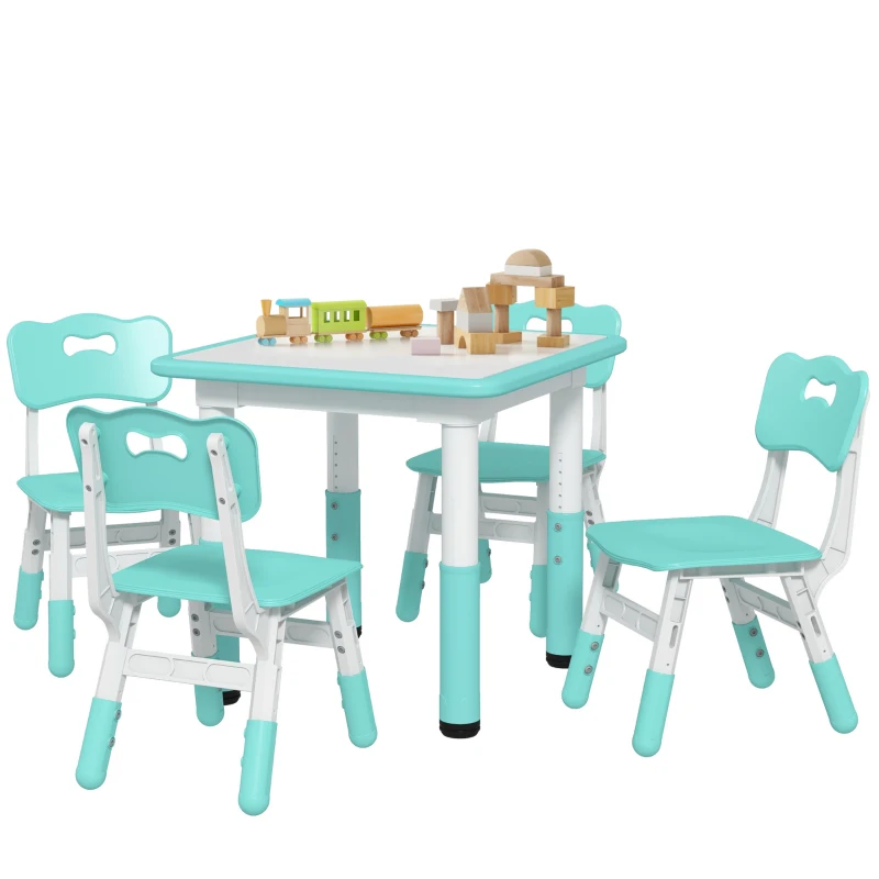 AIYAPLAY Set Mesa y Sillas para Niños 5 pz con 4 Sillas Ajustables 32x36x52.5-56 cm y Mesa 60x60x46-58 cm, Verde