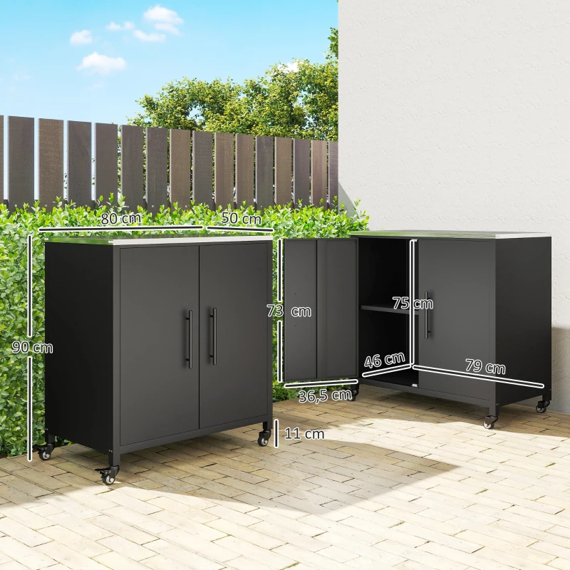Outsunny Armario de jardín con mesa de trasplante, cobertizo con encimera de acero inoxidable, estante extraíble, puertas magnéticas dobles, ruedas
