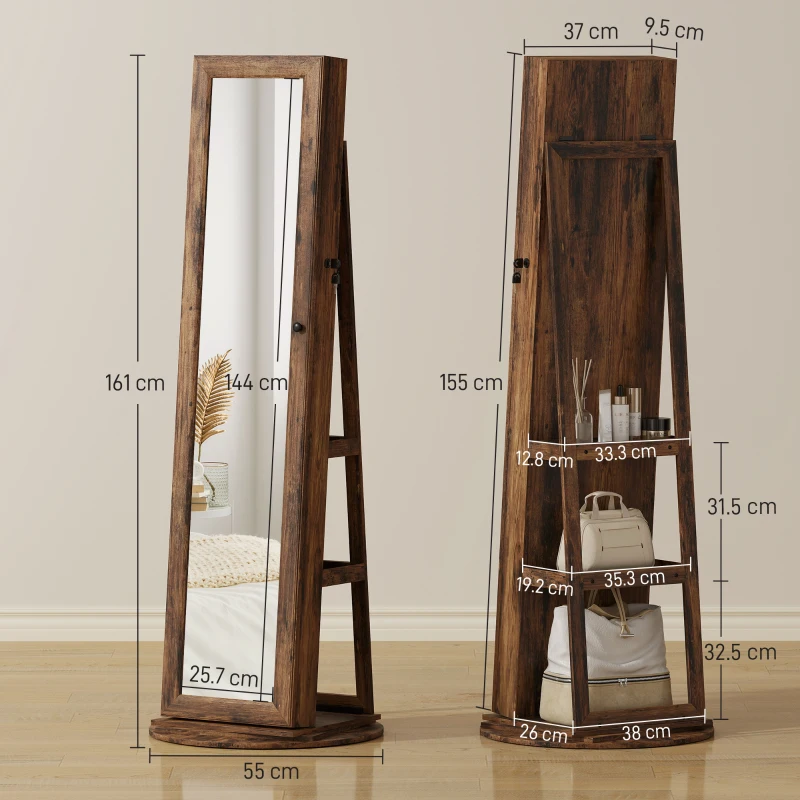 HOMCOM Espejo Joyero de Pie Giratorio 360° con Estantes y Cerradura, 55x55x161 cm, Marrón Rústico