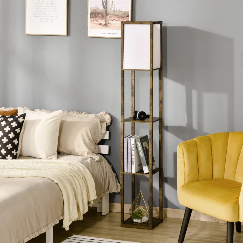 HOMCOM Stehlampe mit Regalen, Stehleuchte, Holz, 26 x 26 x 160 cm, für Wohn-/Schlafzimmer (Ohne Glühbirne)(m-11)