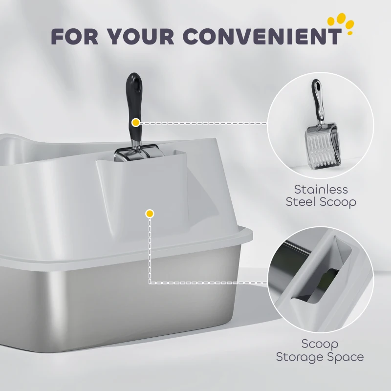 PawHut XXL Stainless Steel Cat Litter Box with High Sides, Metal Scoop, 70 x 50 x 30 cm
