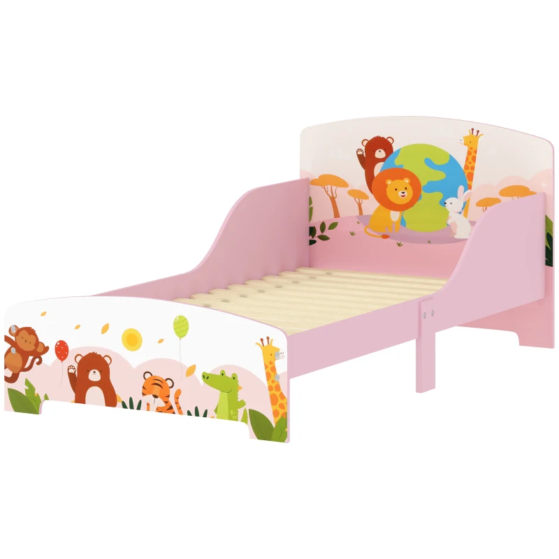AIYAPLAY Cama infantil 3+ años en madera con bordes elevados y barandillas de seguridad, 143x77x60 cm, Rosa