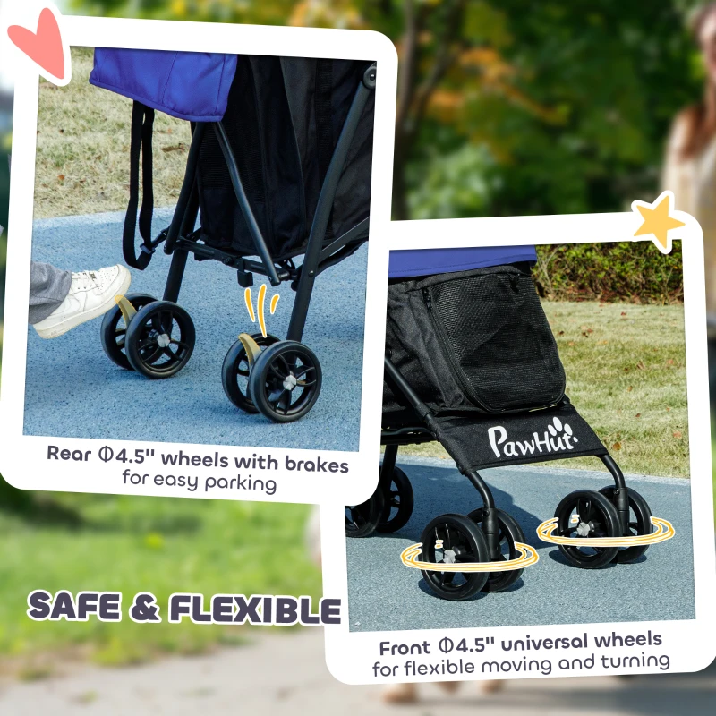PawHut Foldable Dog Stroller, Lightweight Dog Pram w/ Shoulder Strap, Storage Bag, Cup Holder, Dark Blue