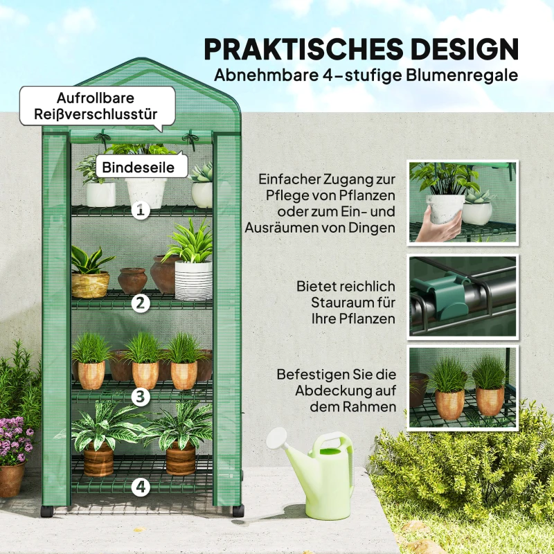 Outsunny Folien-Gewächshaus, Treibhaus, Mini-Gewächshaus, Pflanzenhaus, Frühbeet, 4 Regalfächer, 69 x 50 x 165 cm, Grün