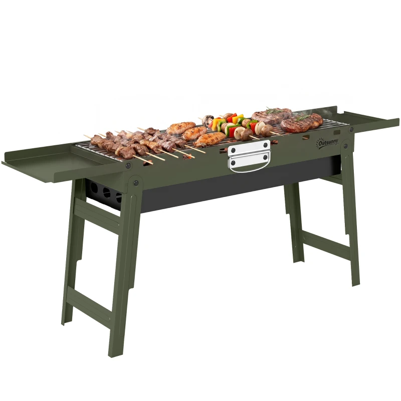 Outsunny Portable BBQ Grill, Foldable Charcoal Grill for Camping and Picnics with 2 Side Shelves and Handle, Green