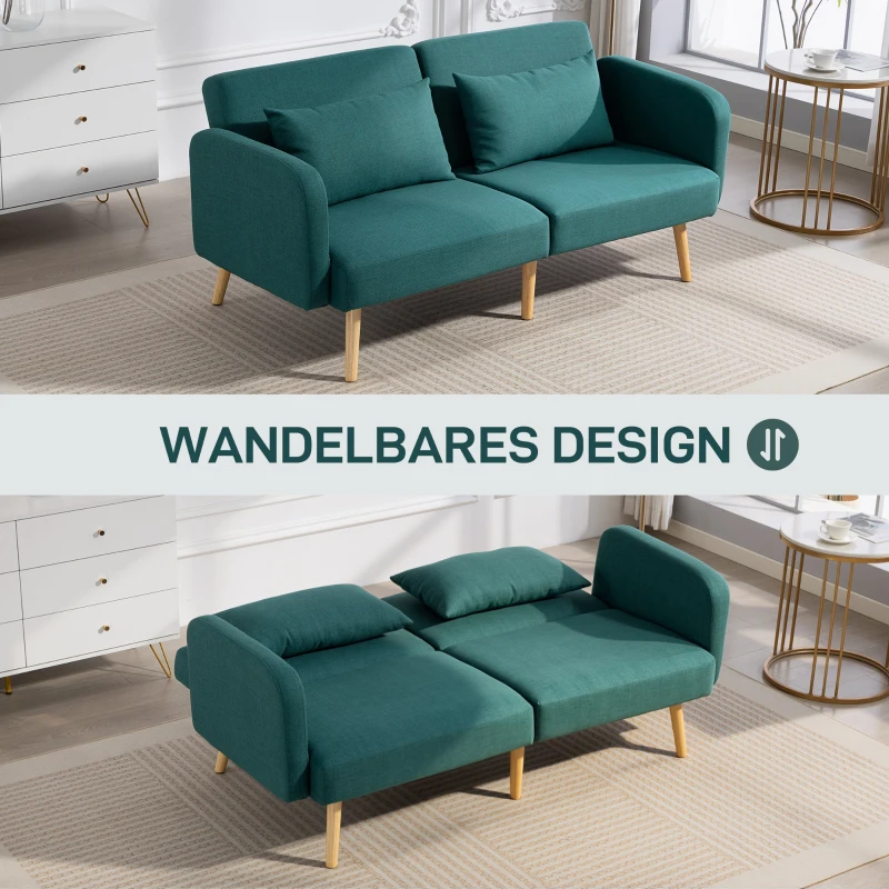 HOMCOM Schlafsofa, 3-Sitzer-Sofa mit Bettfunktion, 2 Kissen, Polstersofa mit verstellbarer Rückenlehne, Leinenoptik, Grün