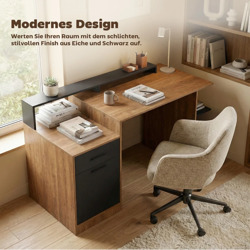 HOMCOM Computertisch mit Stauraum und Regalen, Moderner Schreibtisch für Büro und Arbeitszimmer, 140 cm, Eiche