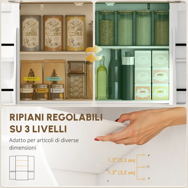 HOMCOM Buffet da cucina, con 4 ante, 6 portaspezie e ripiani regolabili, 76,3 x 40 x 136 cm, bianco