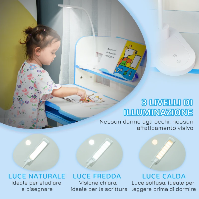 HOMCOM Pupitre Escolar para Niños 6-12 Años Regulable con Luz LED, Atril y Portabolígrafos, en MDF, PP y Acero, Azul
