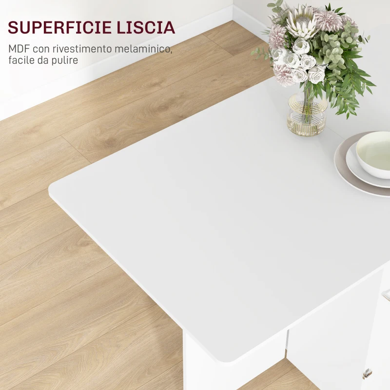 HOMCOM Mesa Abatible Plegable con Estantes de 3 Niveles, Caja y Ruedas, en MDF, 130x80x76.5 cm, Blanco