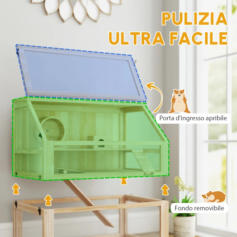 PawHut Gabbia per criceti a 3 livelli con fondo removibile e altalena, 80x50x76 cm, Legno naturale