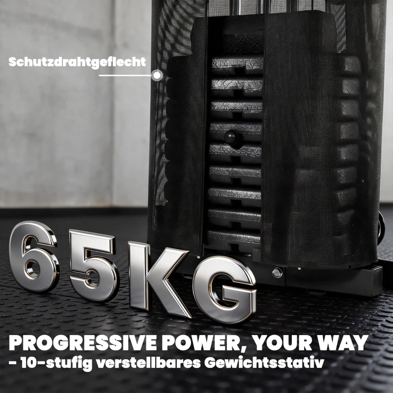 SPORTNOW Krachtstation fitnessstation met 65 kg gewichten, lat-trek, butterflystang, verstelbare preacherbank, beentrainer