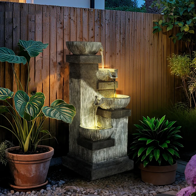 Outsunny Fontaine de Jardin Cascade énergie Solaire Fontaine d'eau 4 niveaux avec lumières LED, résine, 38 x 36 x 85 cm, gris