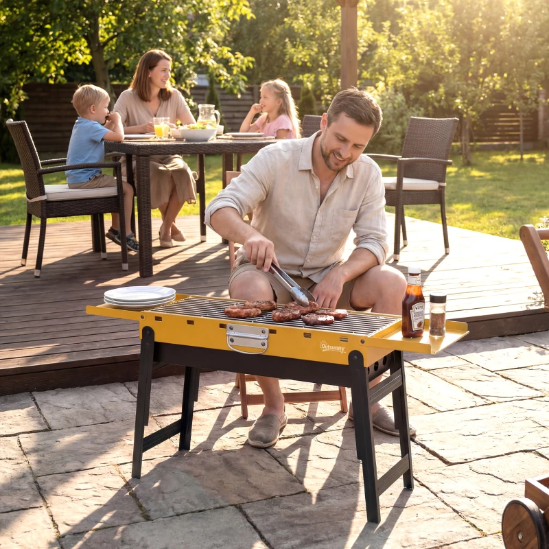 Outsunny Portable BBQ Grill, Foldable Charcoal Grill for Camping and Picnics with 2 Side Shelves and Handle, Yellow