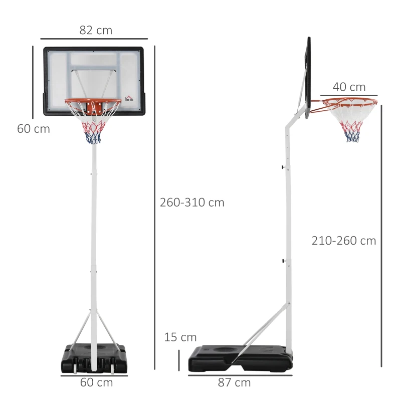HOMCOM Canasta de baloncesto para adultos con tablero de PVC ajustable 210-260cm ruedas integradas Blanco