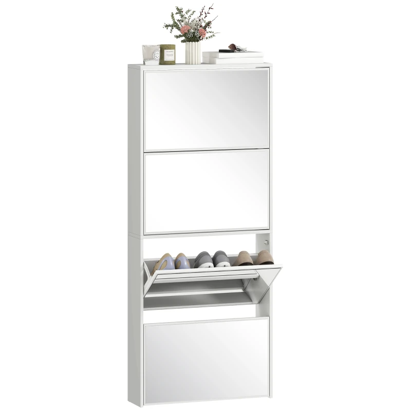HOMCOM Zapatero Estrecho con Espejo y 4 Puertas Abatibles para 12  Pares de Zapatos 63x17x146 cm Blanco