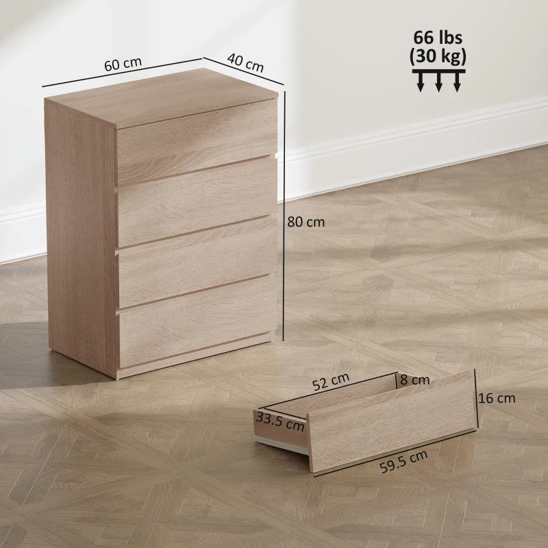 HOMCOM Cassettiera 4 Cassetti in Legno con Guide in Metallo e Maniglie Scanalate, 60x40x80 cm, color Faggio