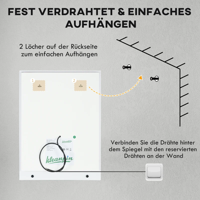 kleankin Badezimmerspiegel mit LED-Beleuchtung, 3 Lichtfarben, Antibeschlag-Funktion, verkabelt, 70 x 50 cm