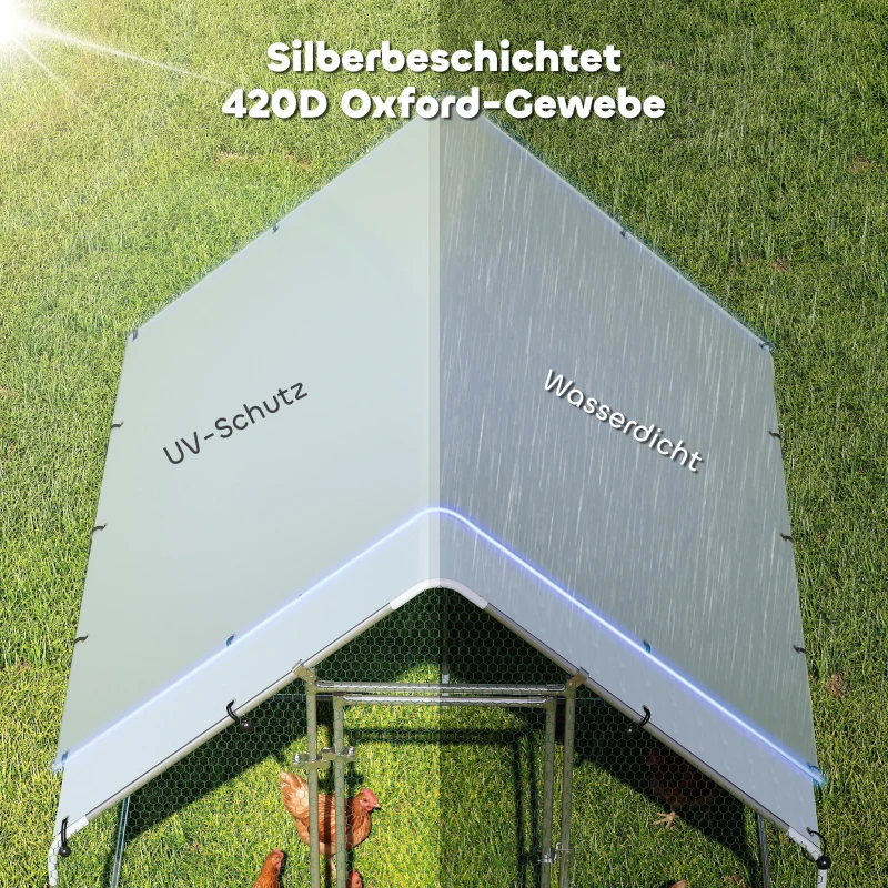 PawHut Freilaufgehege Verzinkter Stahl Hühnerstall mit wetterfester UV-Dachabdeckung abschließbarer Tür 2x2x2 m Silber