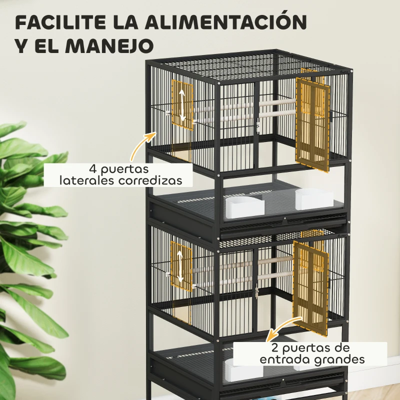 PawHut Jaula para Pájaros de 2 Niveles con Paneles Acrílicos Comederos Perchas Ruedas y Estante Inferior 48x46x134,5 cm Negro
