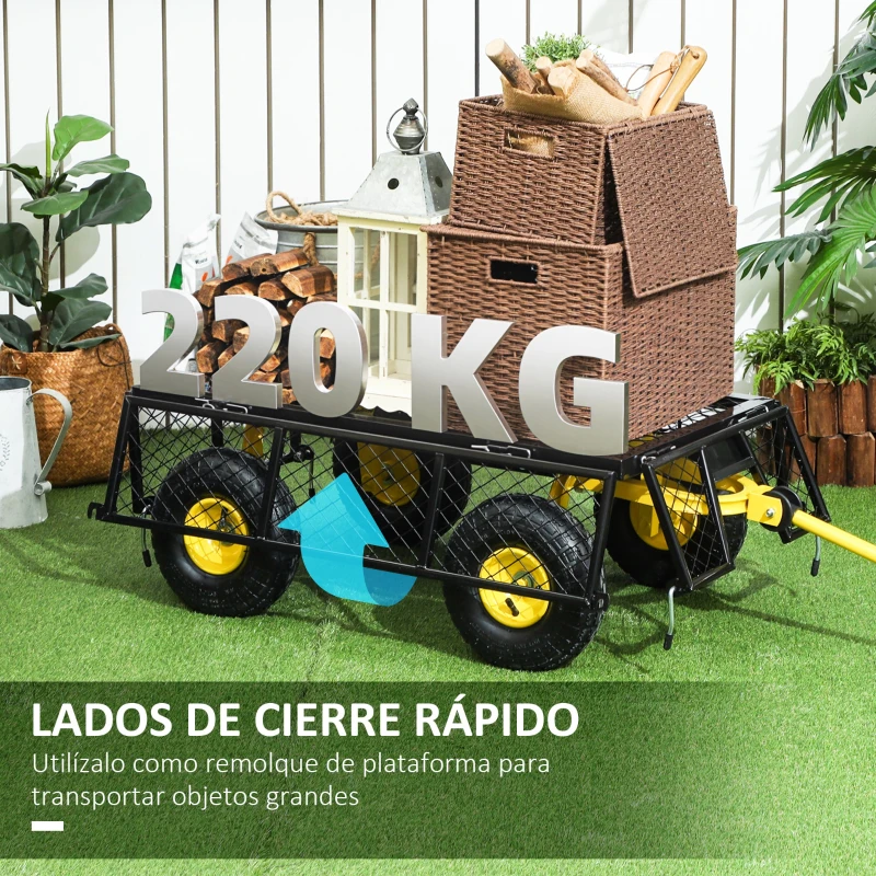 Outsunny Carro de Jardín Basculante Carga 200 kg con Paneles Laterales Desmontables y 4 Ruedas Neumáticas Negro y Amarillo