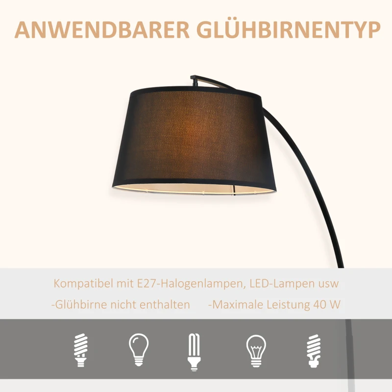 HOMCOM Stehlampe, Gebogene Stehleuchte mit Stoffschirm, Bodenlampe mit runder Basis, Metall, 105L x 47B x 190H cm, Schwarz