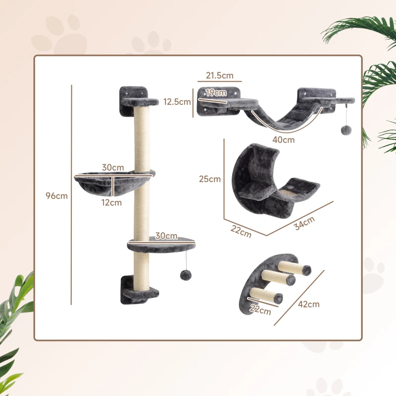 PawHut Four-Piece Cat Wall Furniture, with Hammock, Ladder, Platforms, Steps, for Indoor Use - Dark Grey