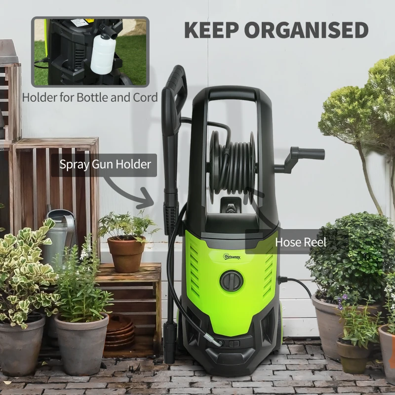 Outsunny 2200W High Pressure Washer, 170 Bar Pressure, 420 L/h Flow, Portable Electric Power Washer Jet Wash Cleaner with Adjustable Nozzle 6M Hose and Hose Reel for Home Patio Car Driveway