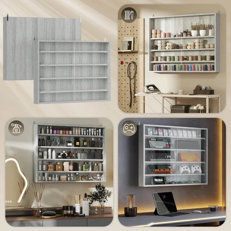 HOMCOM Vetrina per Collezionismo a 4 Ripiani Regolabili in Legno con Ante in Vetro, 80x9.5x60 cm, Grigio