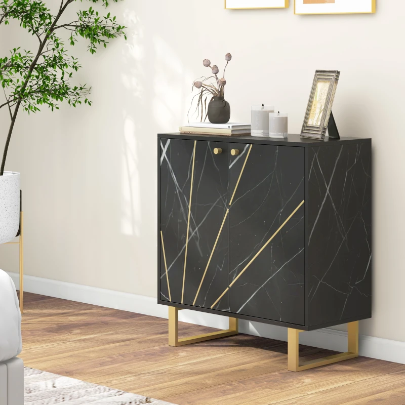 HOMCOM Buffet de rangement avec 2 portes et étagère réglable pieds en métal 76 x 35 x 77 cm ton marbre noir
