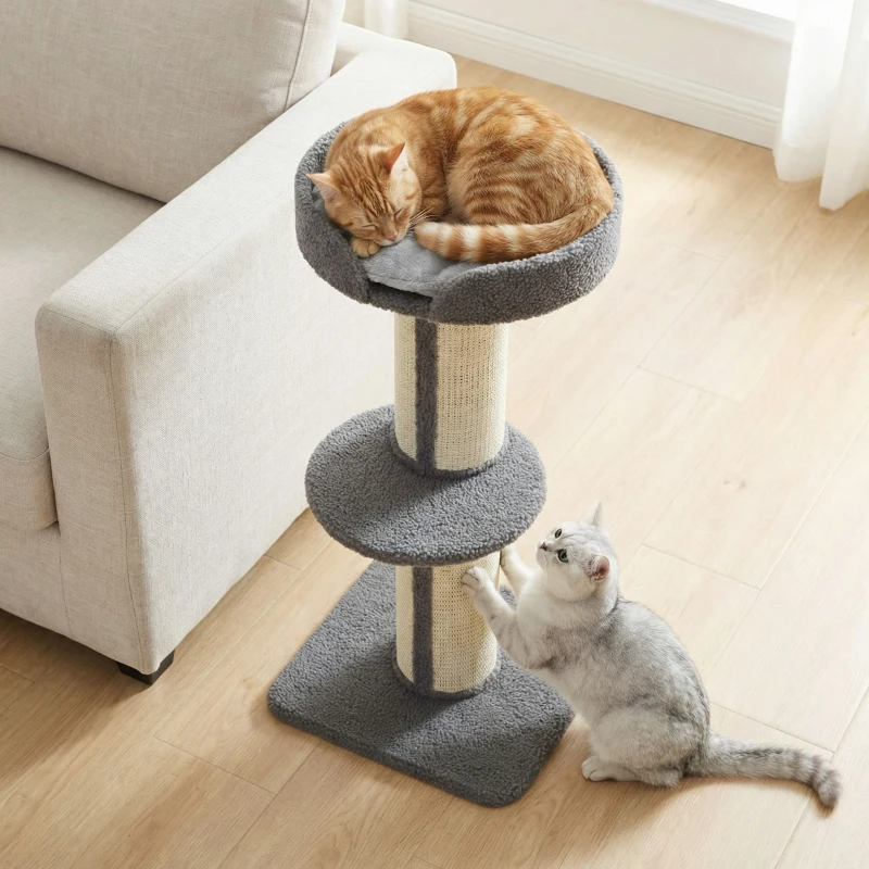 PawHut 91cm Cat Tree, Cat Tower with Scratching Post, Bed, Perch, Removable Cushion for Indoor Kittens, Grey