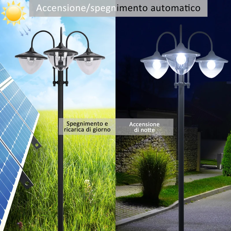 Outsunny Lampione Luce Solare per Esterno (60x55x189 cm) Accensione/Spegnimento Automatici, con 3 Lampade a Led