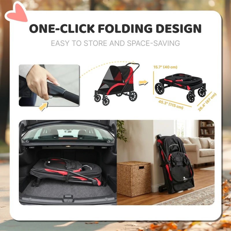 PawHut Foldable Pet Stroller for Large Dogs with Four Big Wheels, Shock-Absorbing Frame, Safety Leashes, Brakes, Red/Black