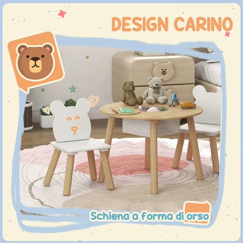 AIYAPLAY Set con Tavolo e 2 Sedie per Bambini con Schienale a Orsetto, Tavolino con Vano Contenitore, Bianco e Legno