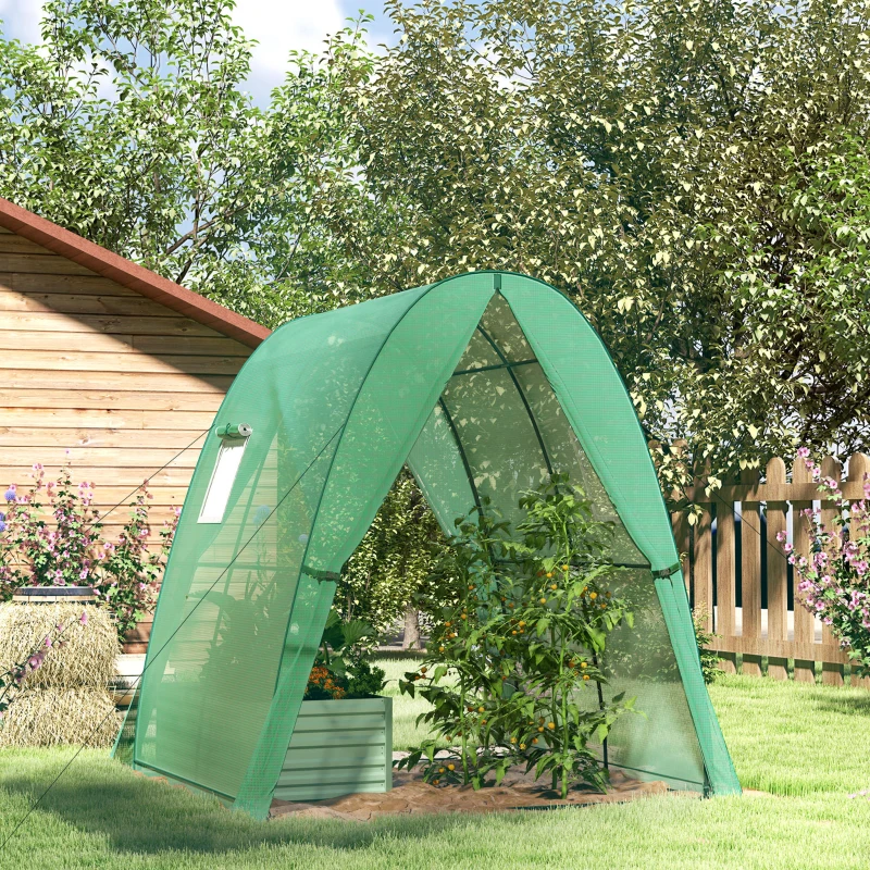 Outsunny Polytunnel Greenhouse with Sandbags, Walk-In Tunnel Green House with 2 Doors and Screen Windows, 1.8 x 1.8 x 2m, Green
