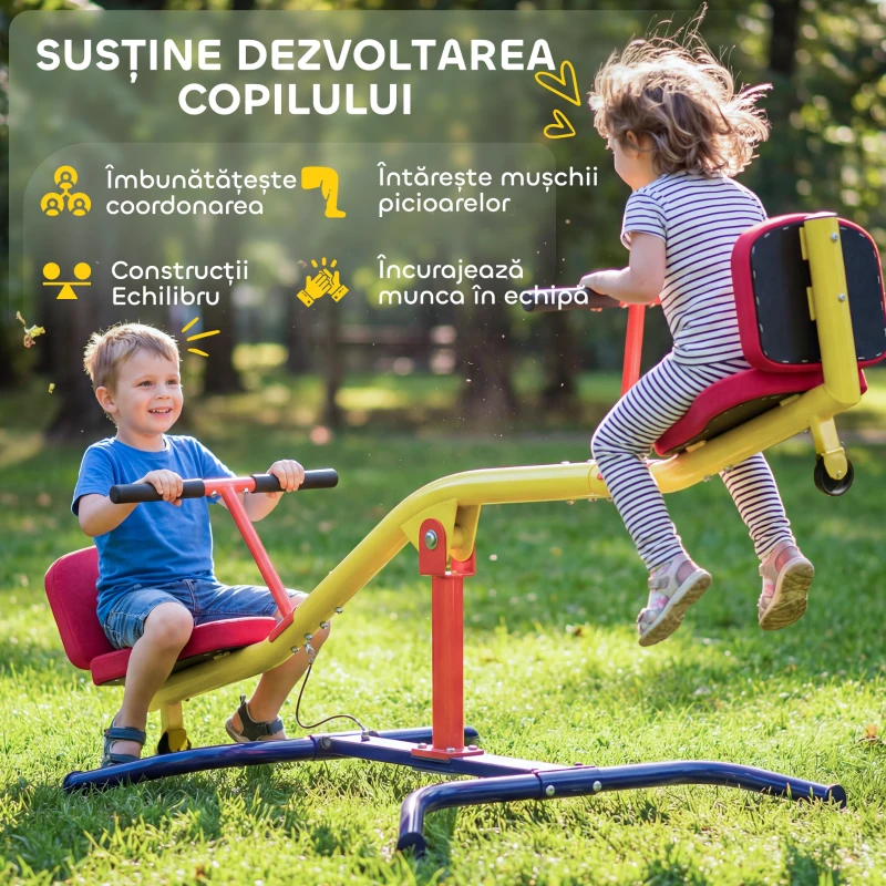 AIYAPLAY Balansoar pentru Copii Rotativ 360°, Capacitate 200kg, 2 Locuri cu Mânere Antiderapante, Scaune Capitonate, Spătar, Roți, 253x96x75 cm, 3-12 Ani