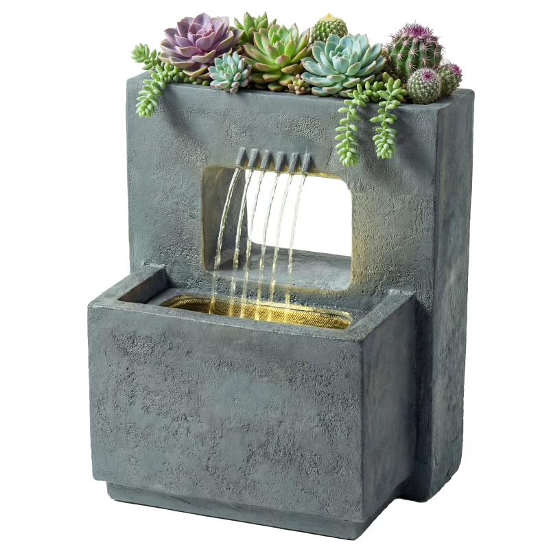 Outsunny Fântână arteziană în 2 trepte, fântână de grădină cu iluminare LED, ghiveci pentru plante, pompă, aspect piatră, reglabil 45 x 31,5 x 58,5 cm