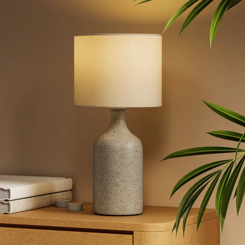 HOMCOM Tischlampe Tischleuchte, Nachttischlampe Schreibtischlampe mit Keramiksockel, Leinenschirm, 22x22x45 cm Sandbraun+Weiß