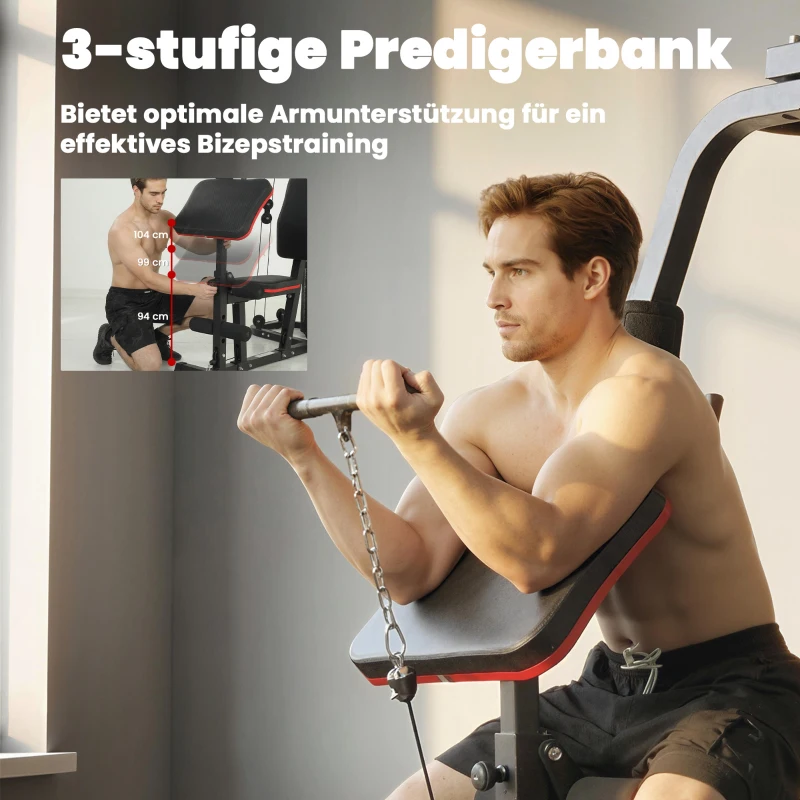 SPORTNOW Krachtstation fitnessstation met 65 kg gewichten, lat-trek, butterflystang, verstelbare preacherbank, beentrainer