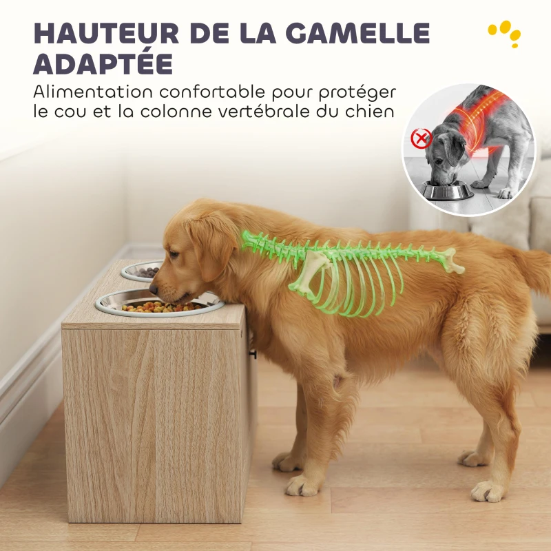 PawHut Gamelles pour chiens surélevées porte-gamelles avec rangement de 40L, 2 bols en acier inoxydable 60 x 30 x 35,5 cm chêne