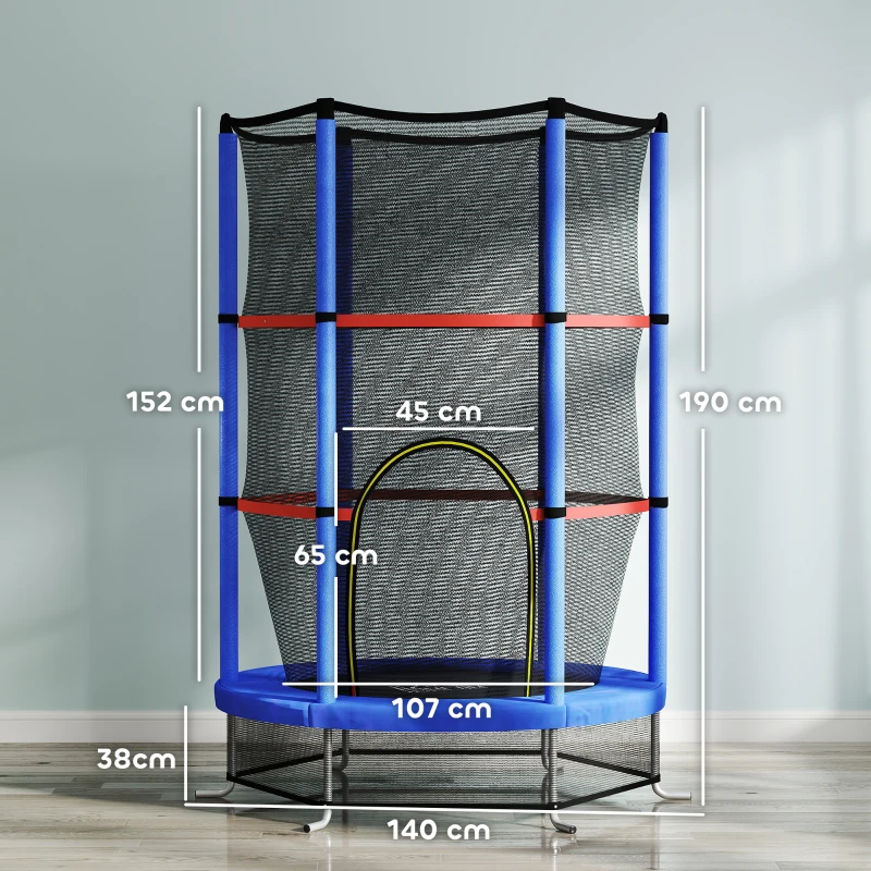 HOMCOM Trampolín elástico para niños 3-6 años con red de protección, 6 columnas y 3 entradas, Ø140x190 cm, azul y negro