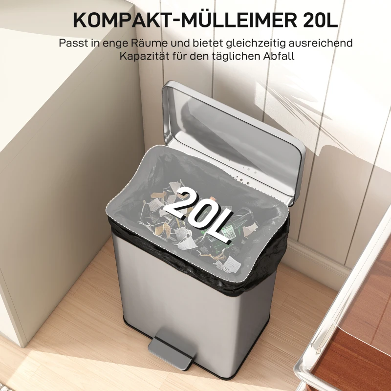 HOMCOM Mülleimer 20 L Treteimer mit Softclose-Deckel, Pedal, abnehmbar Inneneimer Silber, 34,2 x 30,6 x 44,2 cm