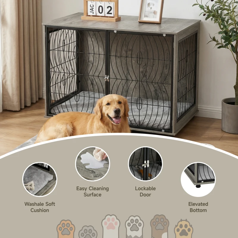 PawHut 46.46'' Dog Crate Furniture End Table w/ Plush Washable Cushion, Lockable Door, for Extra Large Dogs