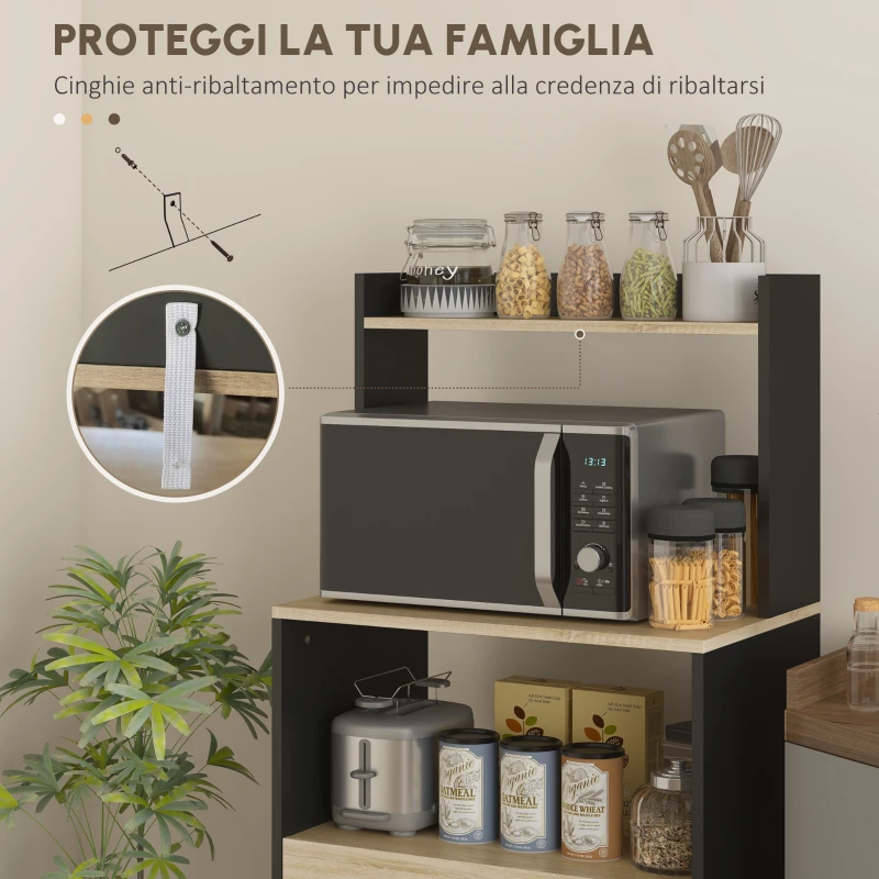 HOMCOM Mobile porta microonde, con armadio, cassetto e mensola superiore, 60 x 40 x 131 cm Quercia e nero