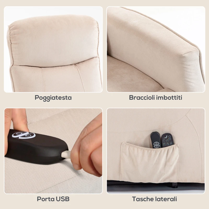 HOMCOM Poltrona Elettrica Alzapersona Poltrona Relax Massaggiante, Beige