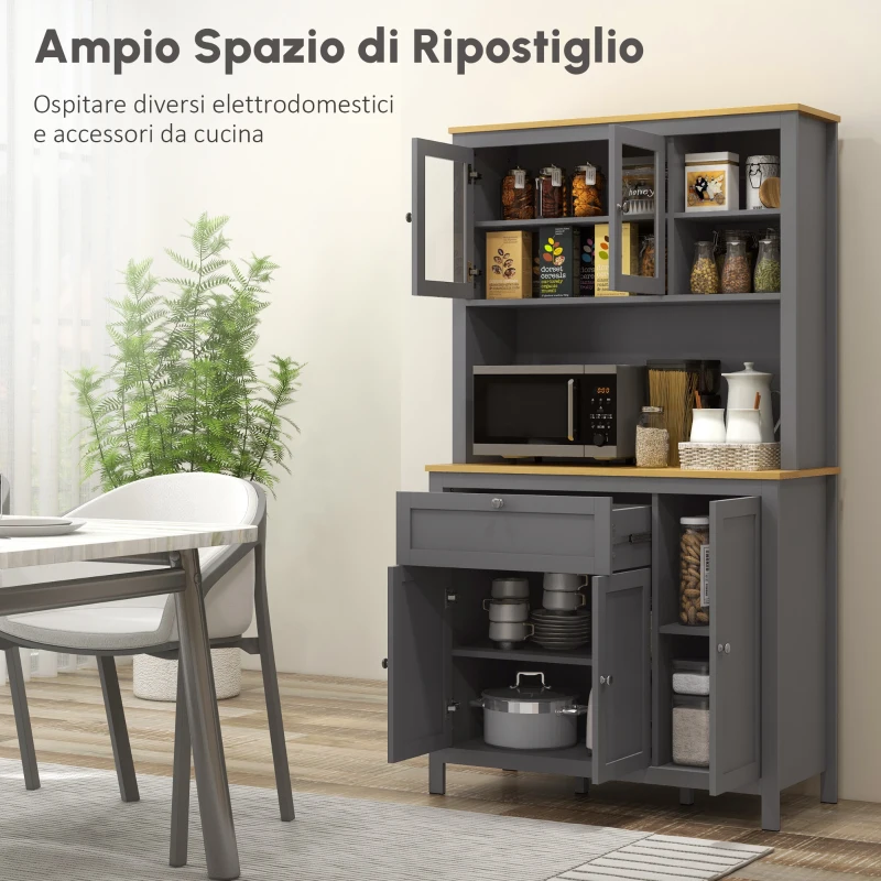 HOMCOM Armadio da Cucina Buffet Cucina 5 Ante di Cui 2 Vetrate e 1 Cassetto, 1 Nicchia Centrale, Altezza 180 cm, Grigio