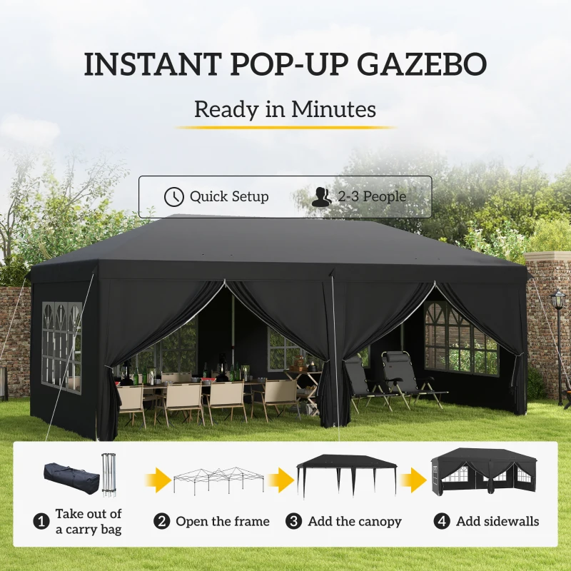 Outsunny 3 x 6 m Pop Up Gazebo with Sides and Windows, Height Adjustable Wedding Camping Party Tent Canopy Marquee with Storage Bag for Garden, Event, Black